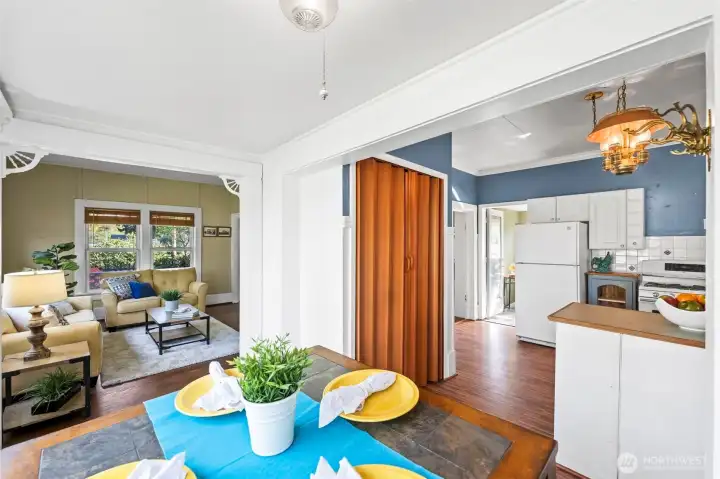 Looking out at the living room and kitchen from the dining area.