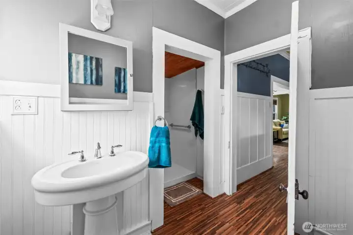 View from toilet. Big walk in shower throught the left door.