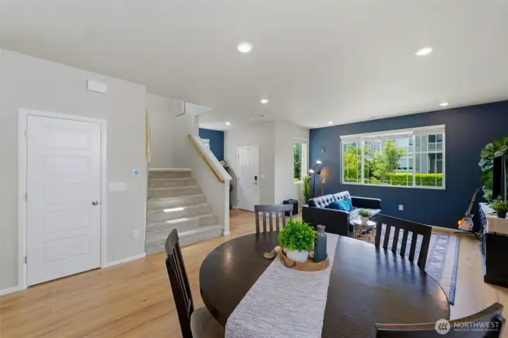 Spacious dining area with large closet.