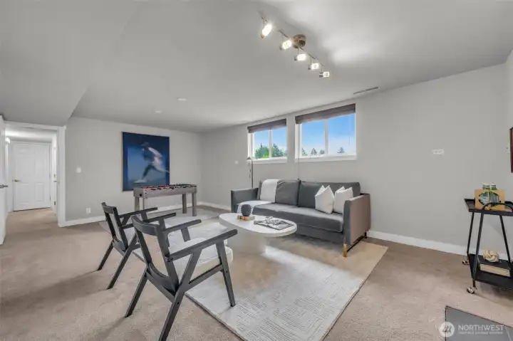 Versatile family room on the lower level featuring a bright, open layout