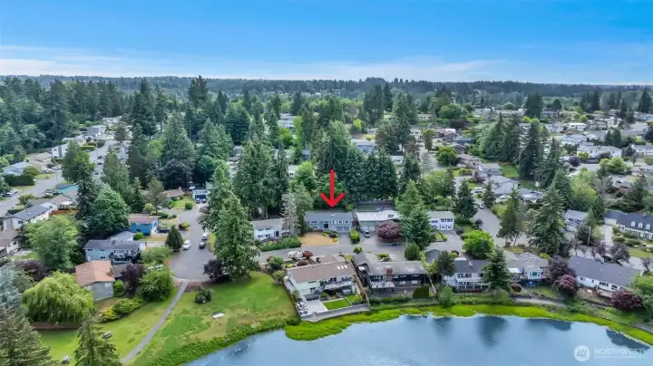 Broad aerial view showcasing the home's premier location