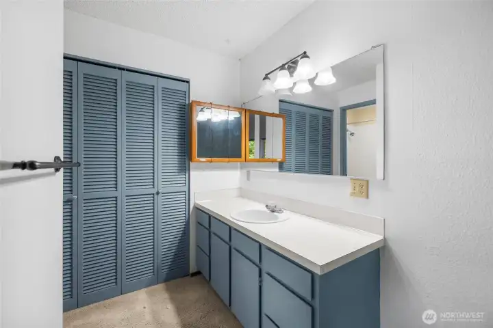 primary bedroom vanity and closet space