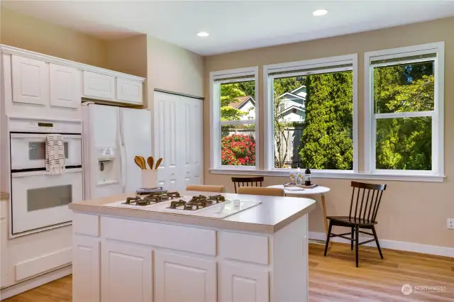 The eat-in kitchen is just beyond the dining area with windows overlooking the back garden.