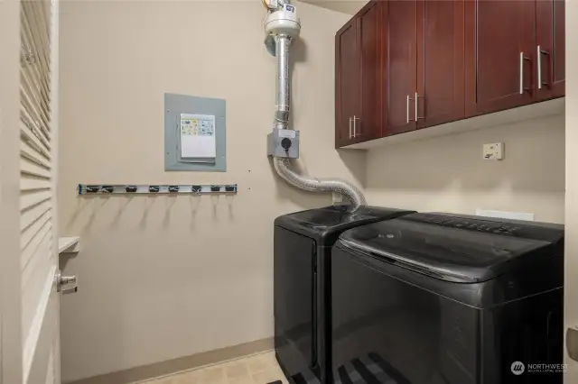 Full utility room with cabinets and folding table (behind door)