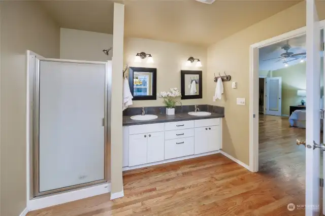 Shower and dual sinks with lots of storage space in primary bathroom.