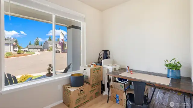 The main-floor office looks out at the cul-de-sac, and the huge, north-facing window lets in lots of light, without any glare on your screens.