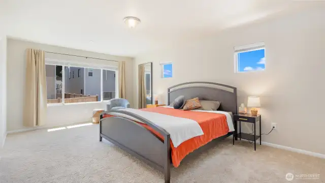 The primary suite is so spacious! Yes that's a king-sized bed, and the two high windows look west for optimal afternoon light.