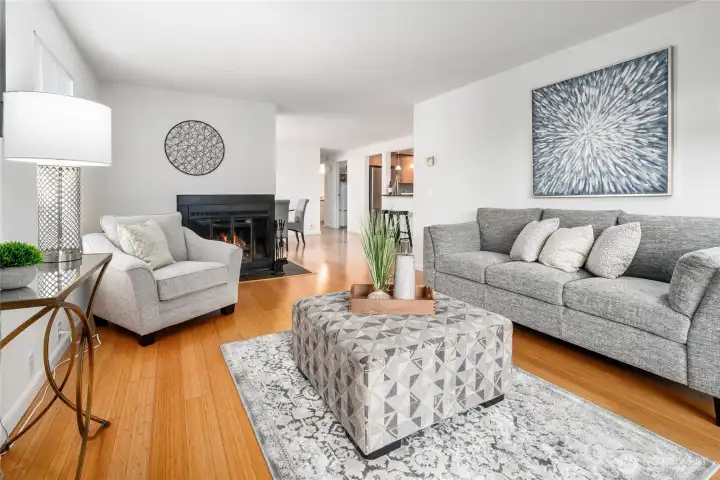 Living room with wood-burning fireplace