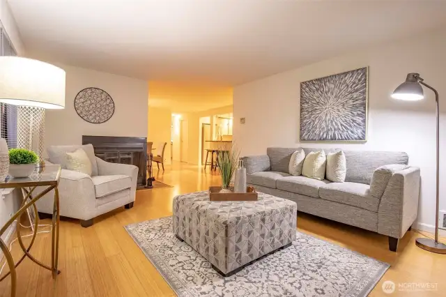 Living Room with Fireplace & Bamboo Hardwoods