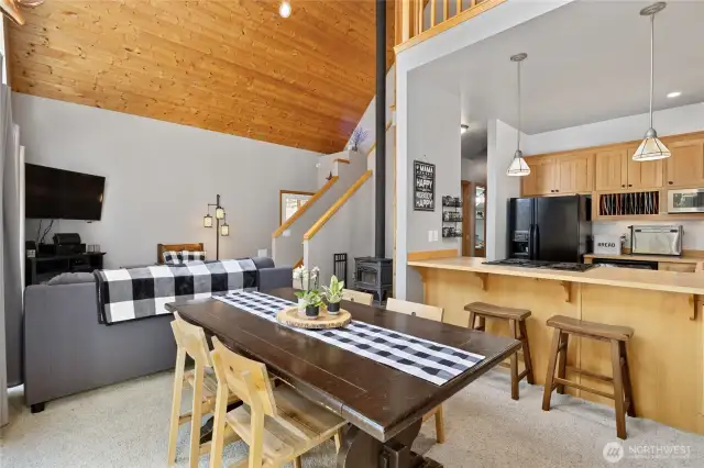 Stay cozy and warm by the wood stove.