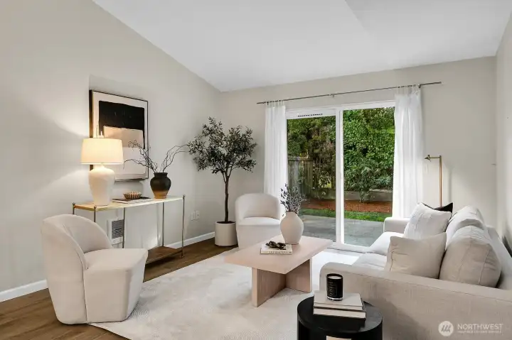 Living room faces out to level back yard