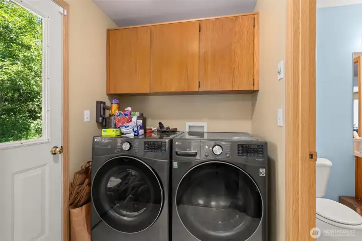 Laundry room with door to backyard.