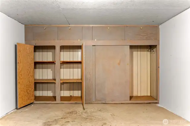 Basement storage area shelving.