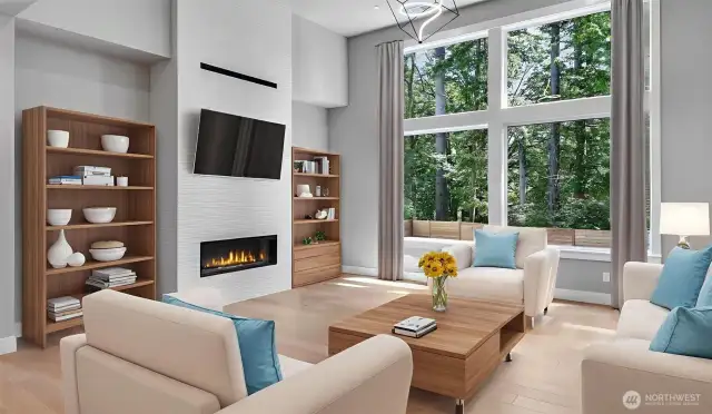 Massive wall of windows allows plenty of natural light in, while you're able to gaze out to the peaceful backyard. Virtually staged.