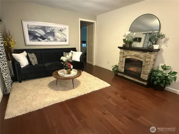 Newly painted accent wall with new trim.