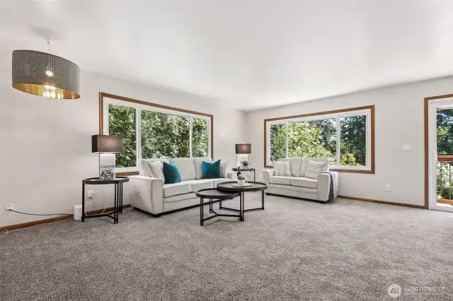 There's so much room in this "formal" living room! And look at those gorgeous, large vinyl windows carrying the outdoors, inside!