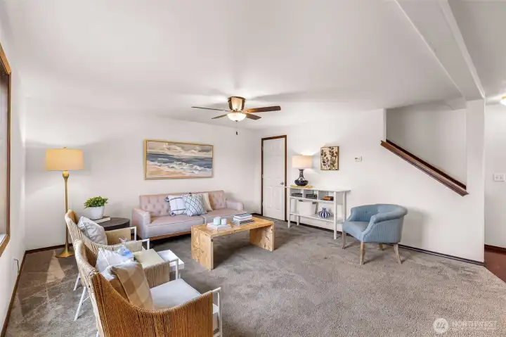 Living room with a brand new light/fan fixture!