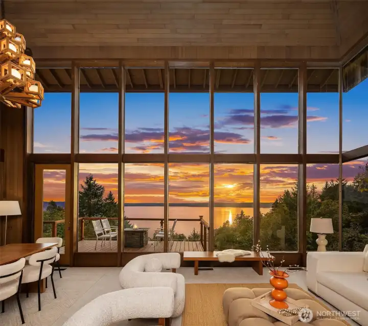 15ft walls of windowsw with the original tongue--and-grove cedar vaulted ceilings.