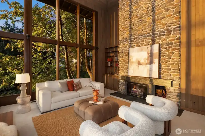Livingroom features a custom built-ins, brand new carpet and custom door. Enjoy the wood burning fireplace this winter.
