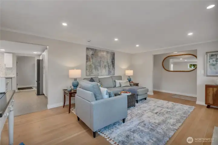 The living room flows right into the kitchen from a wide doorway.
