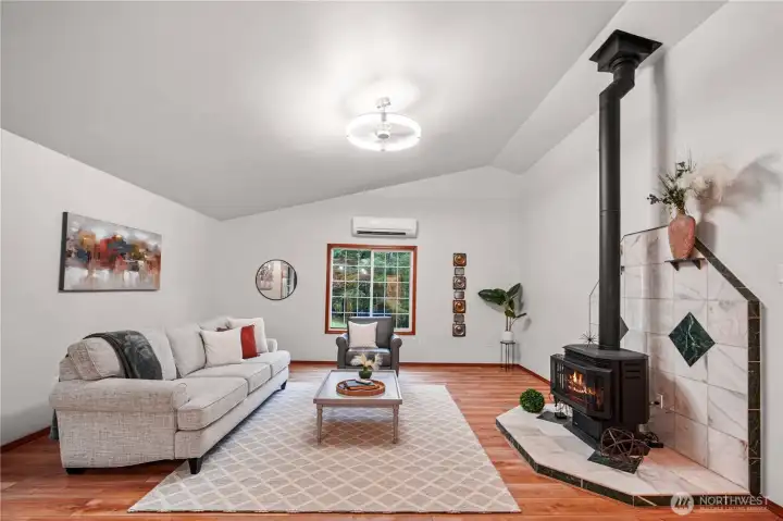 Inviting living room highlights a propane fireplace, fresh paint, mini split, new lighting and new LVP flooring. Perfect for relaxing or entertaining in comfort.