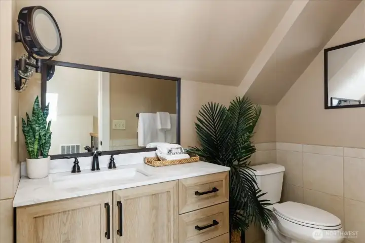 Updated bathroom with new vanity and mirrors with shower Updated bathroom with new vanity and mirrors with shower