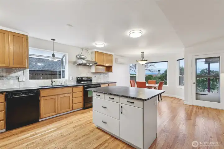 Kitchen has ample storage and counter space.