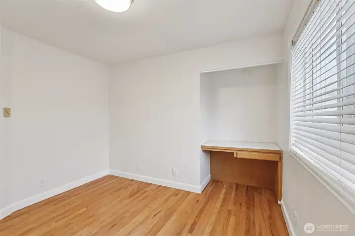 View of the built-in desk inside the den.