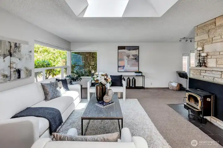 ~inviting living room with cool wraparound stone fireplace ~inviting living room with cool wraparound stone fireplace