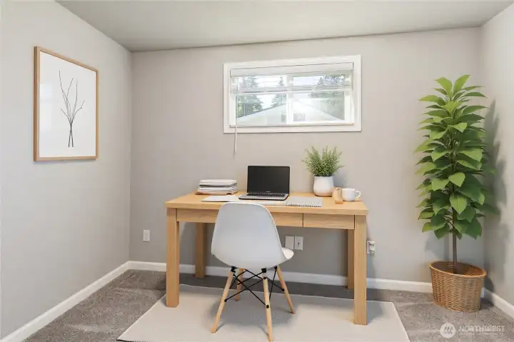 Dedicated Home Office: Quiet, private office space located conveniently off the main bonus room. Virtually staged. Dedicated Home Office: Quiet, private office space located conveniently off the main bonus room. Virtually staged.