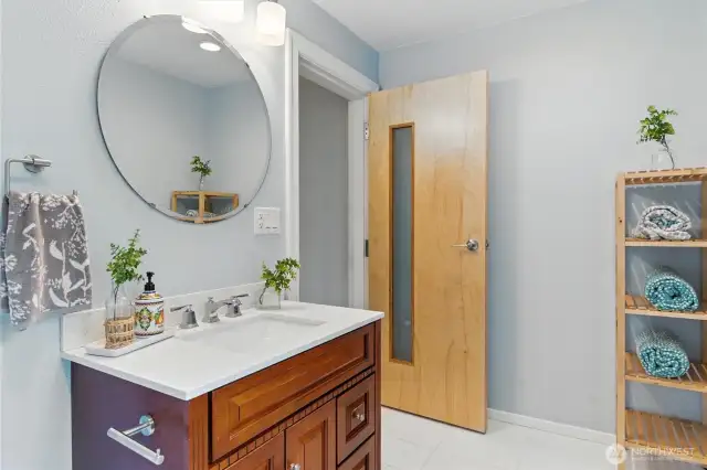Quartz counter and tile floor