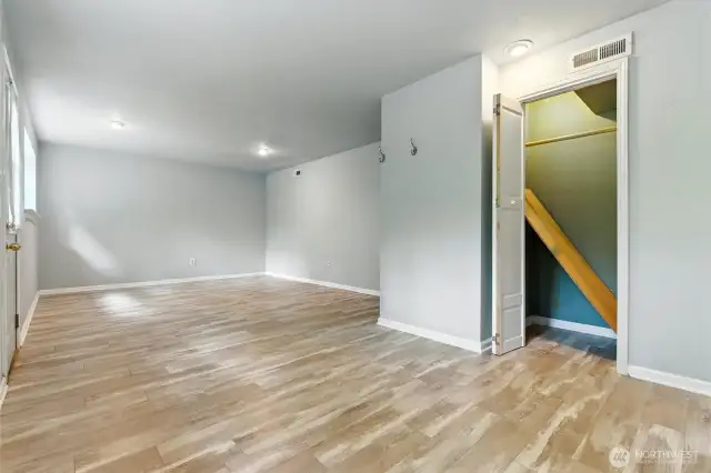 Basement closet has hidden door housing the water heater
