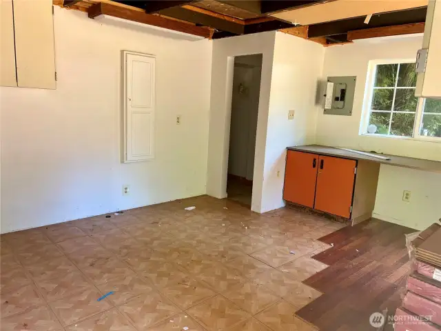 Interior of Artists Cottage with 1/2 bath and pull down ladder to loft