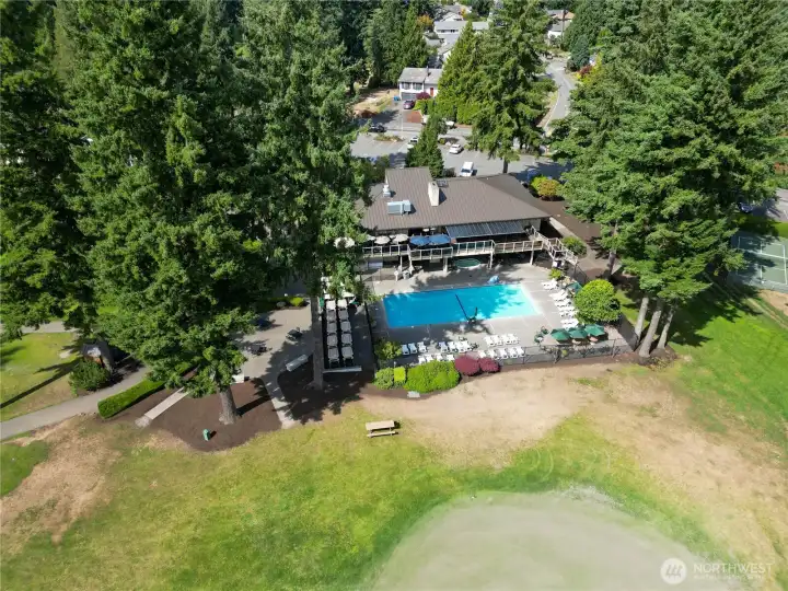 Aerial view of the clubhouse including swimming pool and hot tub.