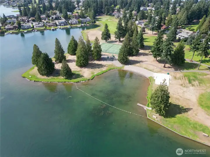 Aerial view of the lake with pool access.