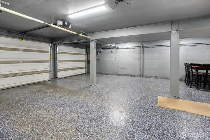 Inside of attached two car garage with Epoxy floors