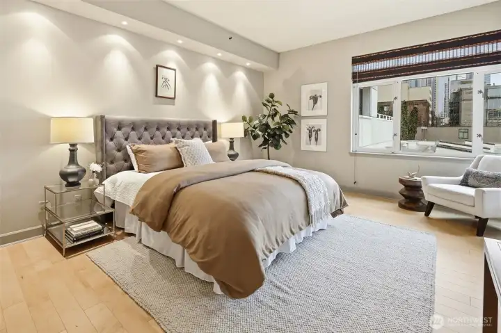 Huge bedroom with views out to the stadiums and Mt. Rainier.