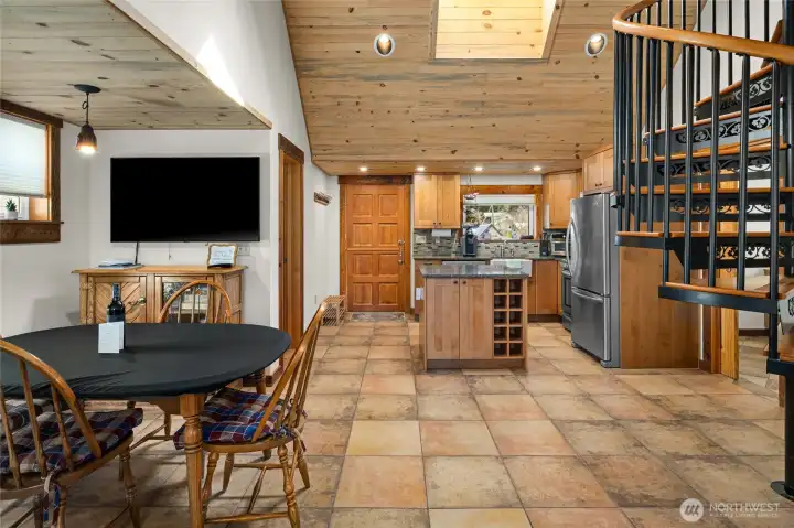 View of the over sized tile in kitchen and dining room gives such a luxury feeling and very easy to maintain.
