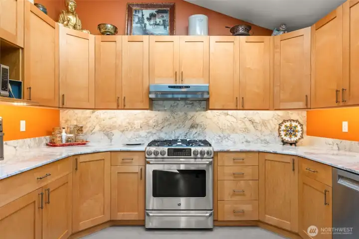 Carrera Marble slab counters and backsplash.