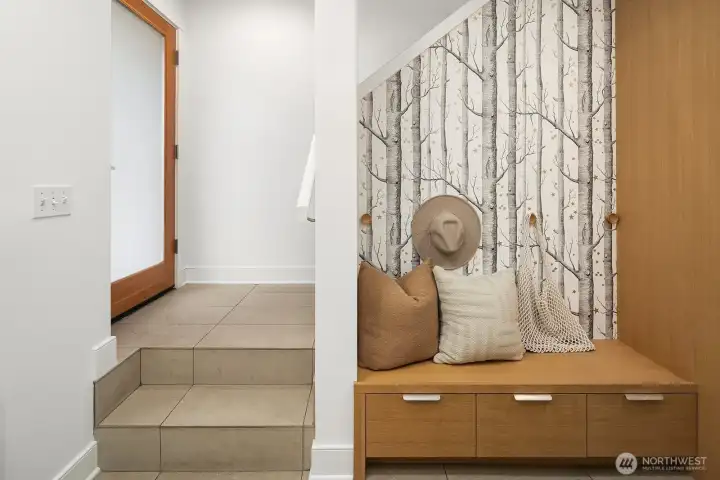 An real entryway! Functional, stylish, designed for the way we actually live our indoor/outdoor lifestyle. Accessible from front door OR garage.