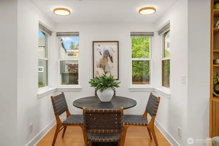 Want to host a dinner party? There's room for a much bigger table in this bright dining nook.