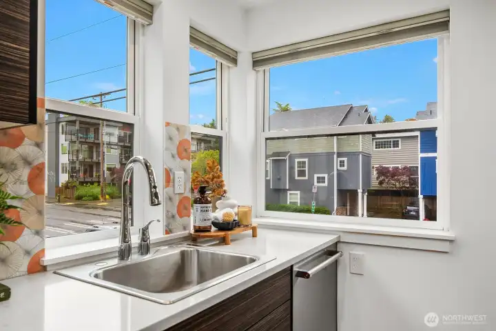 Stand at your sink and look out over the bustle of Ballard--but you won't hear much from up here.