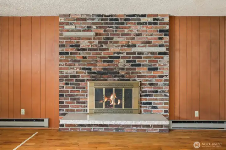 Closer view of the fireplace.