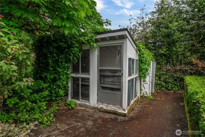The greenhouse might need a little ivy removal to get full sun exposure. You can see the 2nd storage shed behind.
