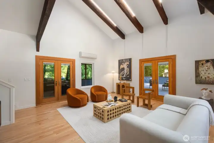 Vaulted ceilings with LED lights on exposed beams