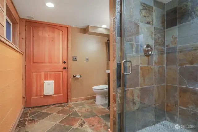 Daylight lower level south home:   Designed as master suite (has access to exterior for possible MIL Unit),  remodeled 3/4 bathroom with custom tiled shower and heated stone tile floors.