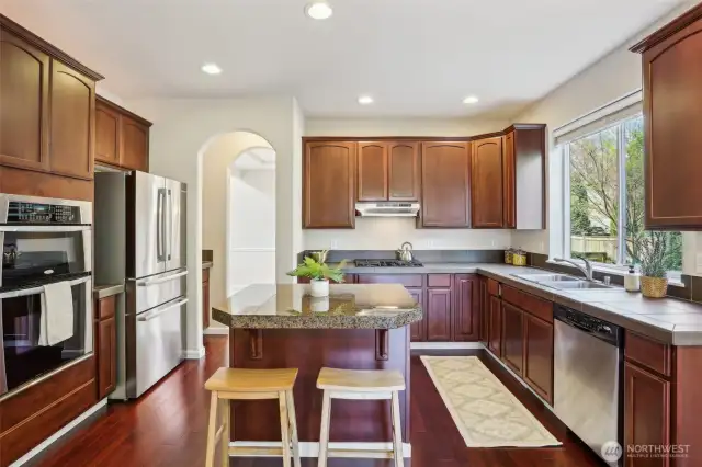 Gas cooktop, stainless steel appliances and a walk in pantry