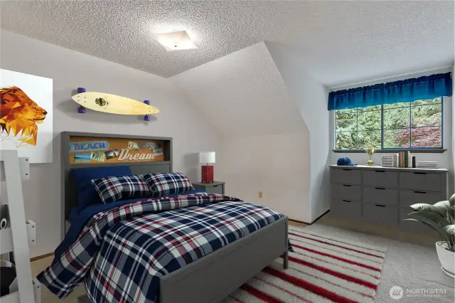 Virtually Staged view of upper bedroom.
