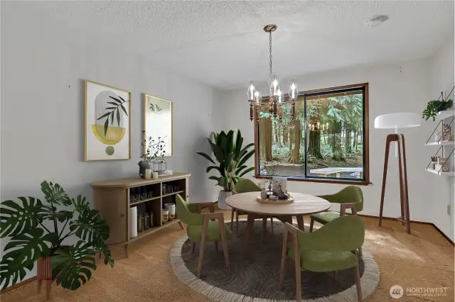 Virtually staged view of the formal dining area.