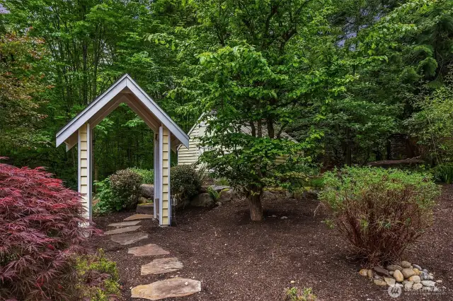 Mature plants, including Japanese maples. Orchard and several good garden plots